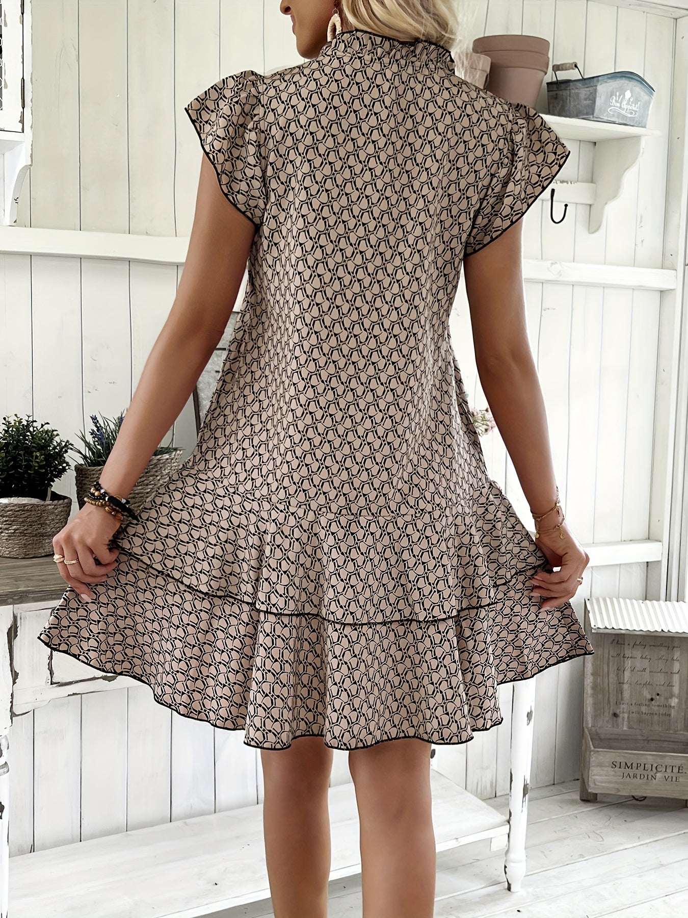 Elegant Ruffled Tie Neck Dress - Women's Spring & Summer Layered Dresses with Allover Print - Perfect for Elegant Dressing Occasions