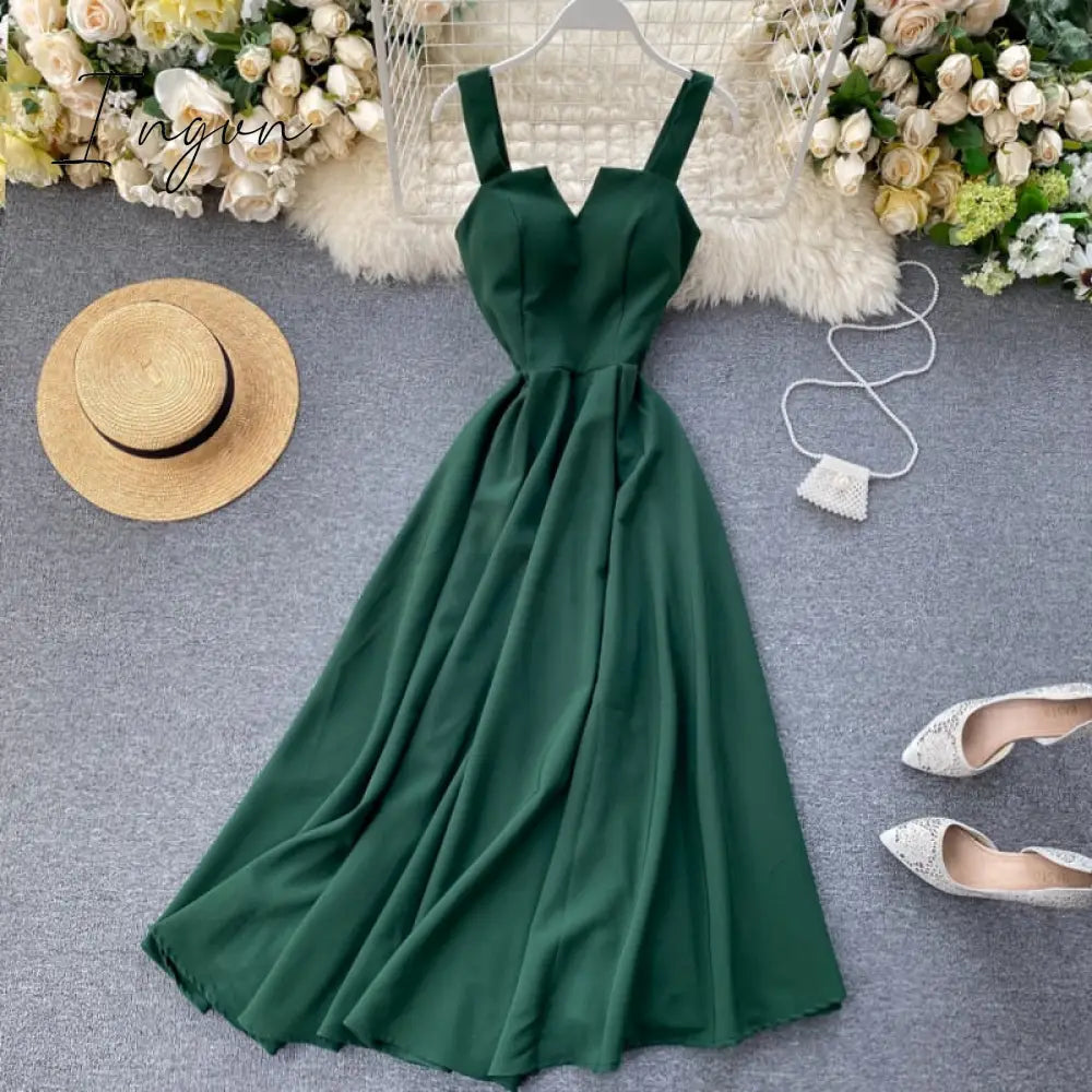 Ingvn - New Women V-neck Party Dress Summer Retro Solid Color High Waist Long Robe Ladies Slim Backless Bodycon Dress Vestidos