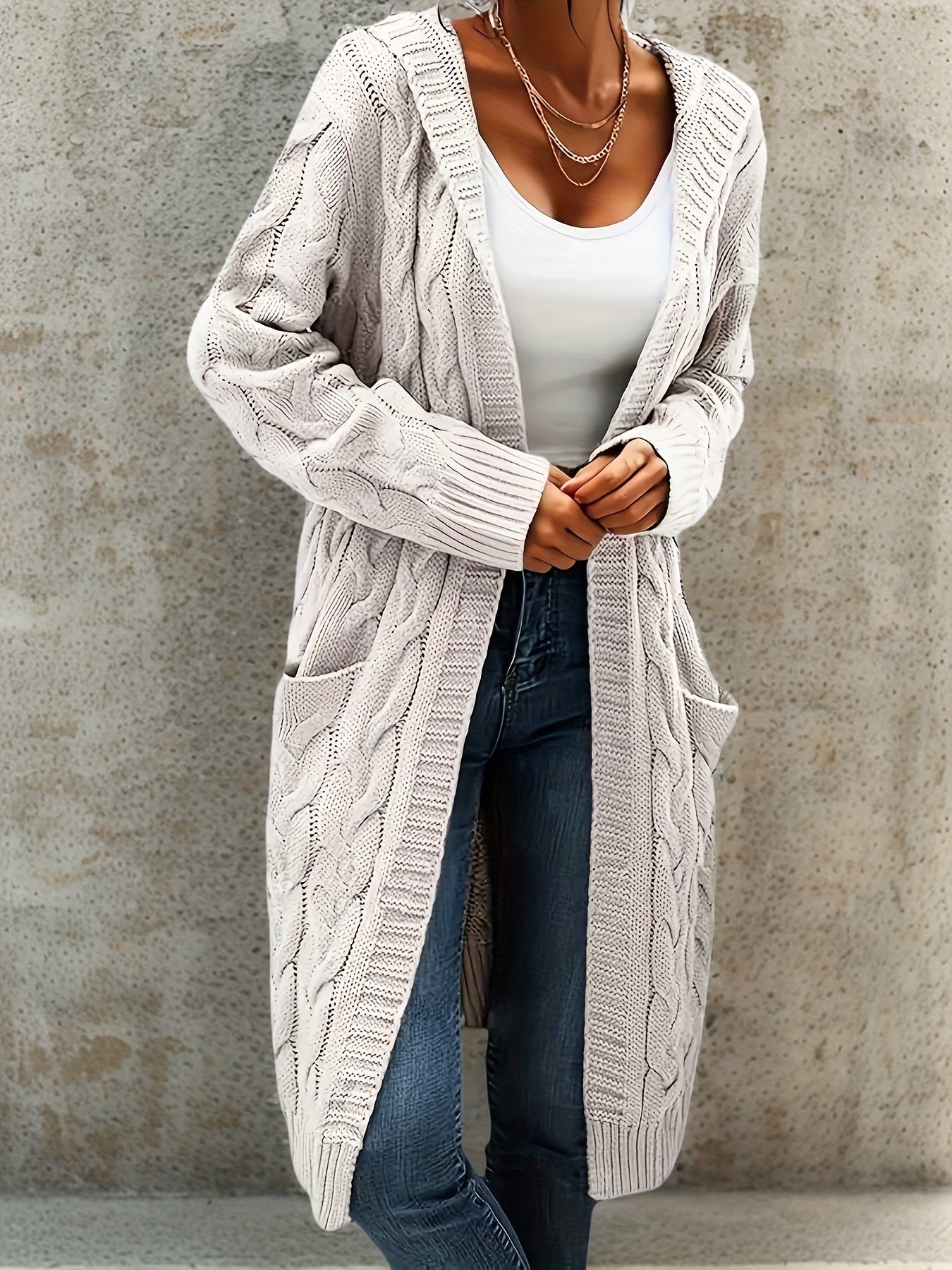 Cozy Micro-Elastic Plus Size Women's Long Sleeve Open Front Hooded Cardigan with Pockets for Casual Daily Wear - Solid Cable