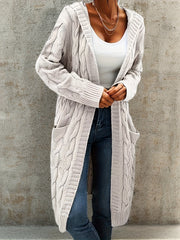 Cozy Micro-Elastic Plus Size Women's Long Sleeve Open Front Hooded Cardigan with Pockets for Casual Daily Wear - Solid Cable