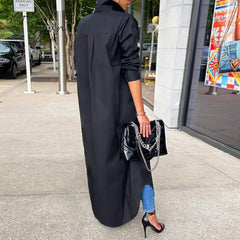Ingvn - Women Shirt Windproof Shirt Dress Versatile Arc Hem  Stylish Autumn Winter Solid Color Shirt Long Dress