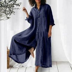 Ingvn - Cotton Linen Women Jumpsuit Oversized Vintage Button Jumpsuit Summer Women Casual Beach Playsuit Wide Legs Pants Loose Romper