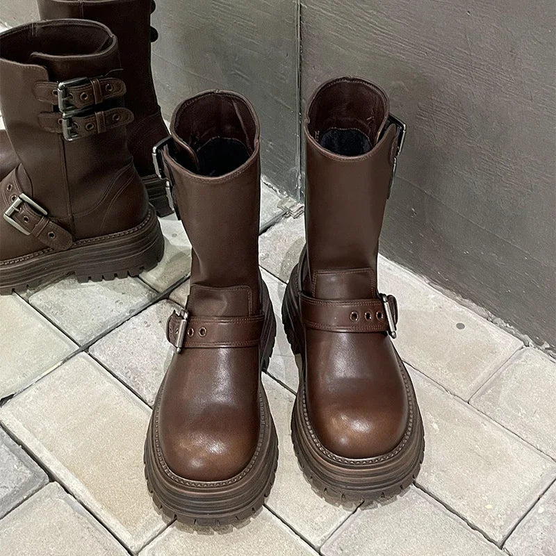 Ingvn  Winter Women Motorcycle Boots Fashion Belt Buckle Short Booties Ladies Elegant Thick Heels Botas Mujer