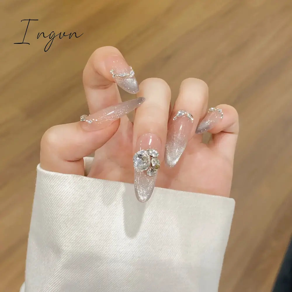 10Pcs Handmade Nails Set Press on Long Almond False Nail with Rhinestone Pink Camellia Design Reusable Full Cover Fake Nail Tips