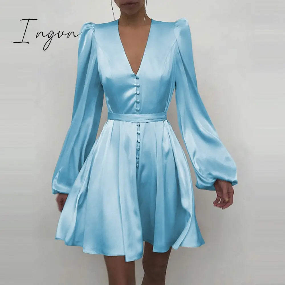 Ingvn - Trends high quality Spring New Women Sexy V Neck Letters Print Fashion Short Dresses Casual Satin Slim Lantern Sleeves Zipper Elegant Party Vestidos