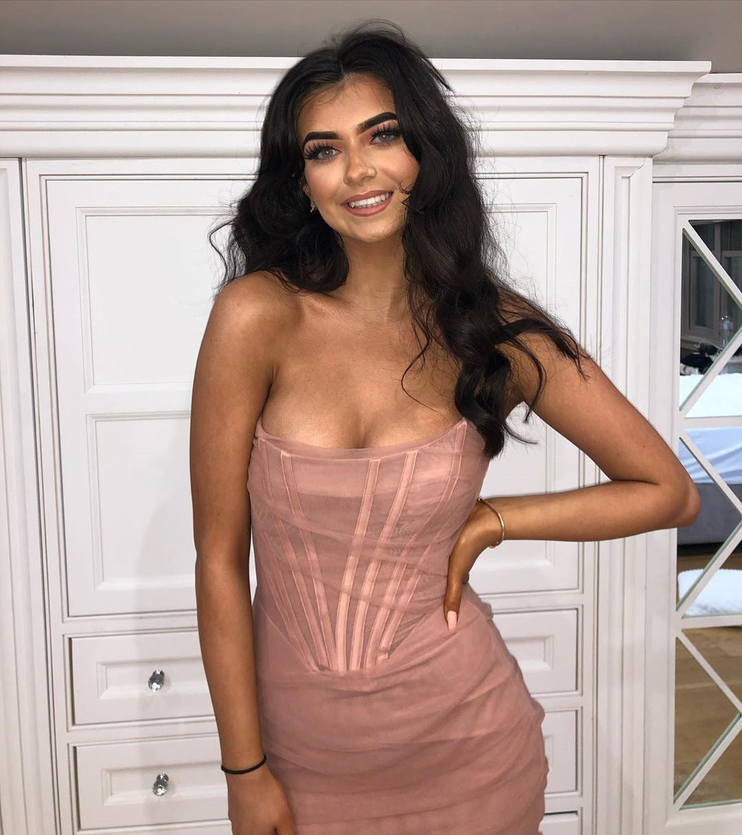 Elegant Corset Bustier Bone Ruched Mesh Midi Dresses Party Night Club Sexy Backless Strapless Summer Dress Bodycon