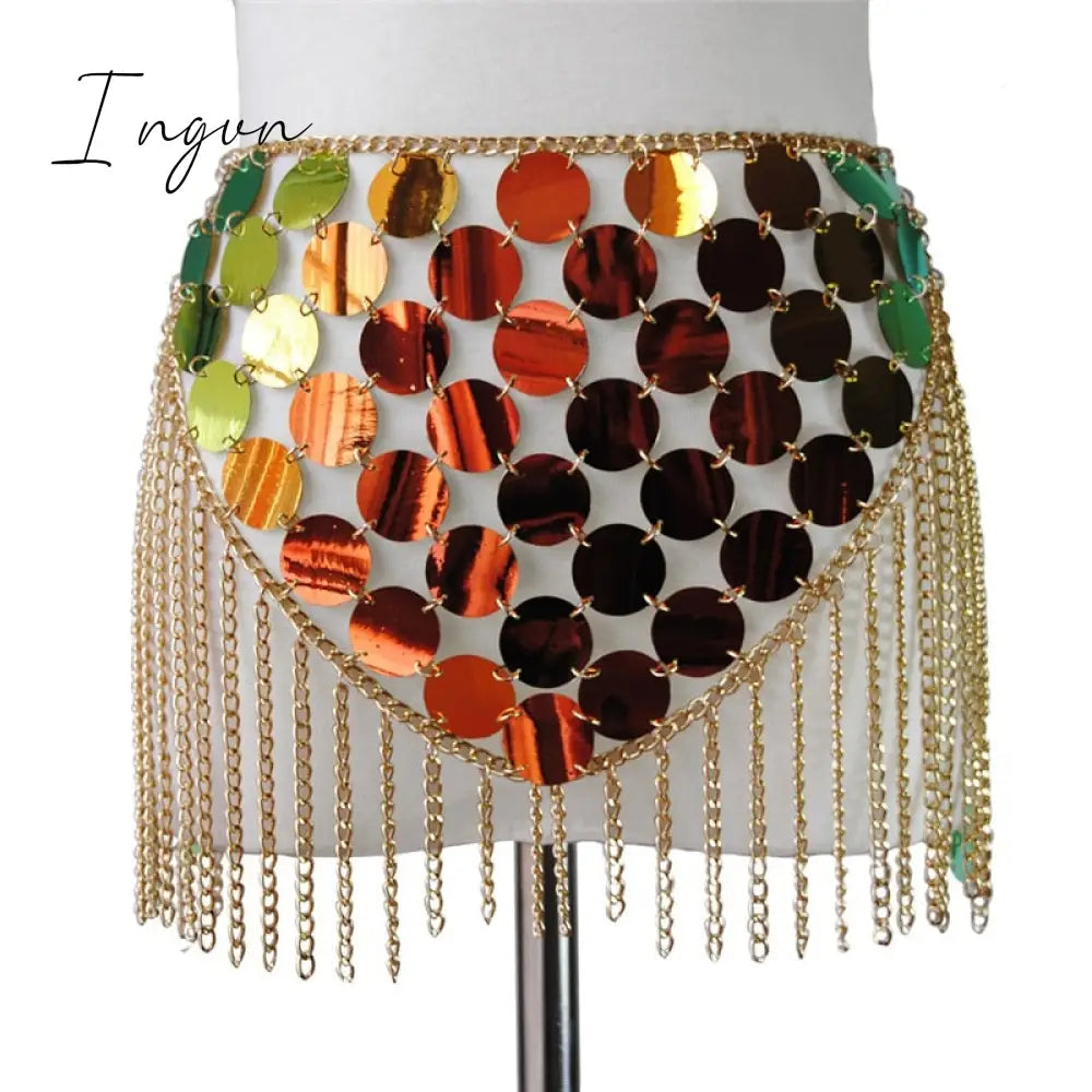 Ingvn - Trends Fashion Gradient Color Shiny Sequins Dots Two Piece Set Low Cut Backless Sleeveless Crop Tops Tassel Mini Skirt Sexy Beach Outfits