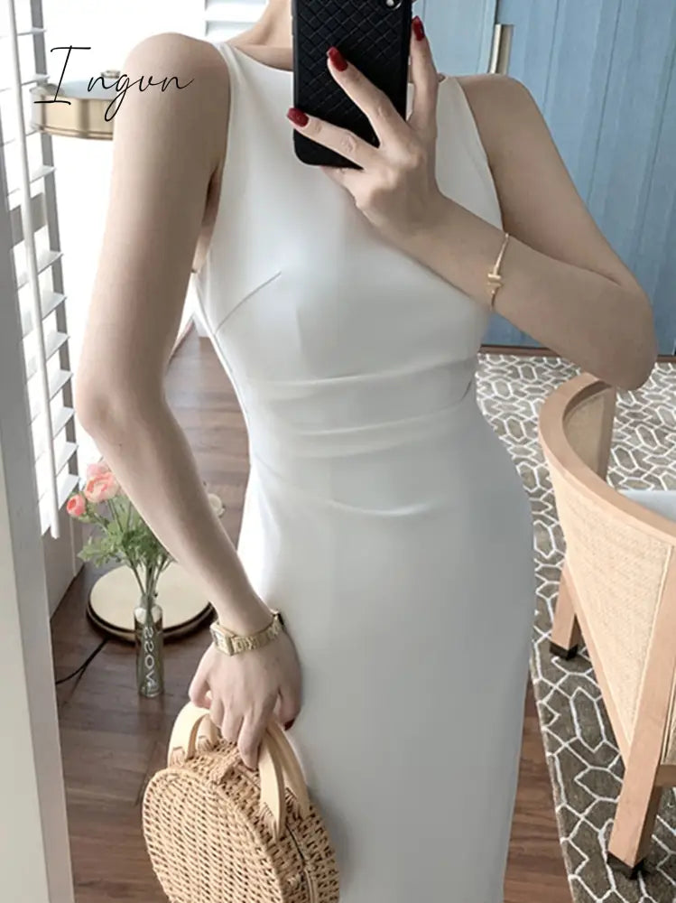 Ingvn - New Women Summer Fashion Spaghetti Strap Sleeveless Sexy Dress Female Elegant Evening Midi Dress