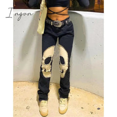 Ingvn - Womens Fashion Skull Patterned Low Rise Jeans Streetwear Women Clothing Black Denim Trousers Cyber Y2k Aesthetic Goth Pants C82-DI53