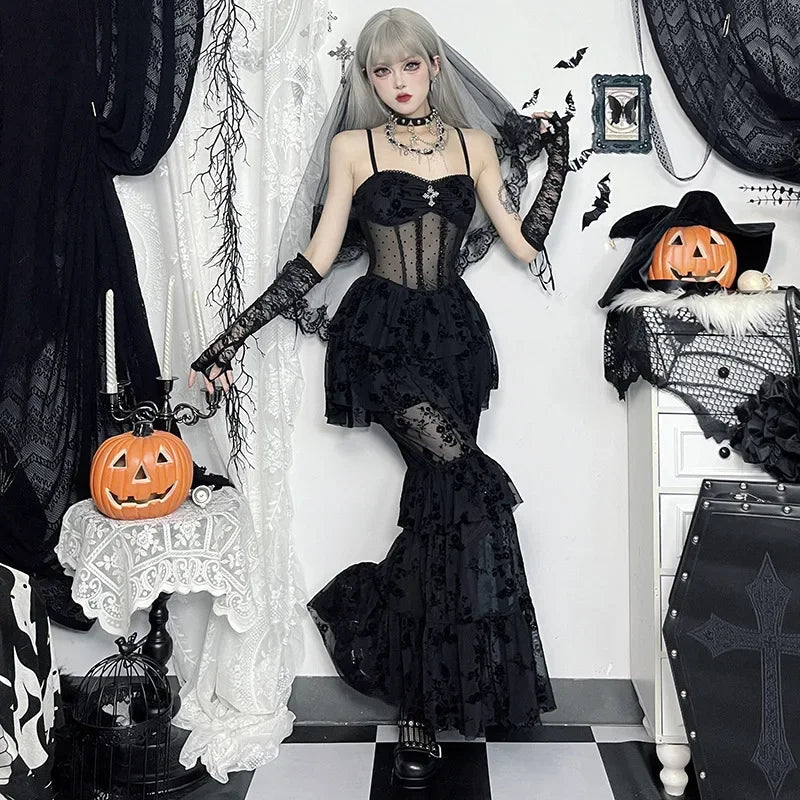 Gothic Dress Autumn New Sexy Long Dress Halloween Dark Style Elegant Mesh Strap Dress for Women
