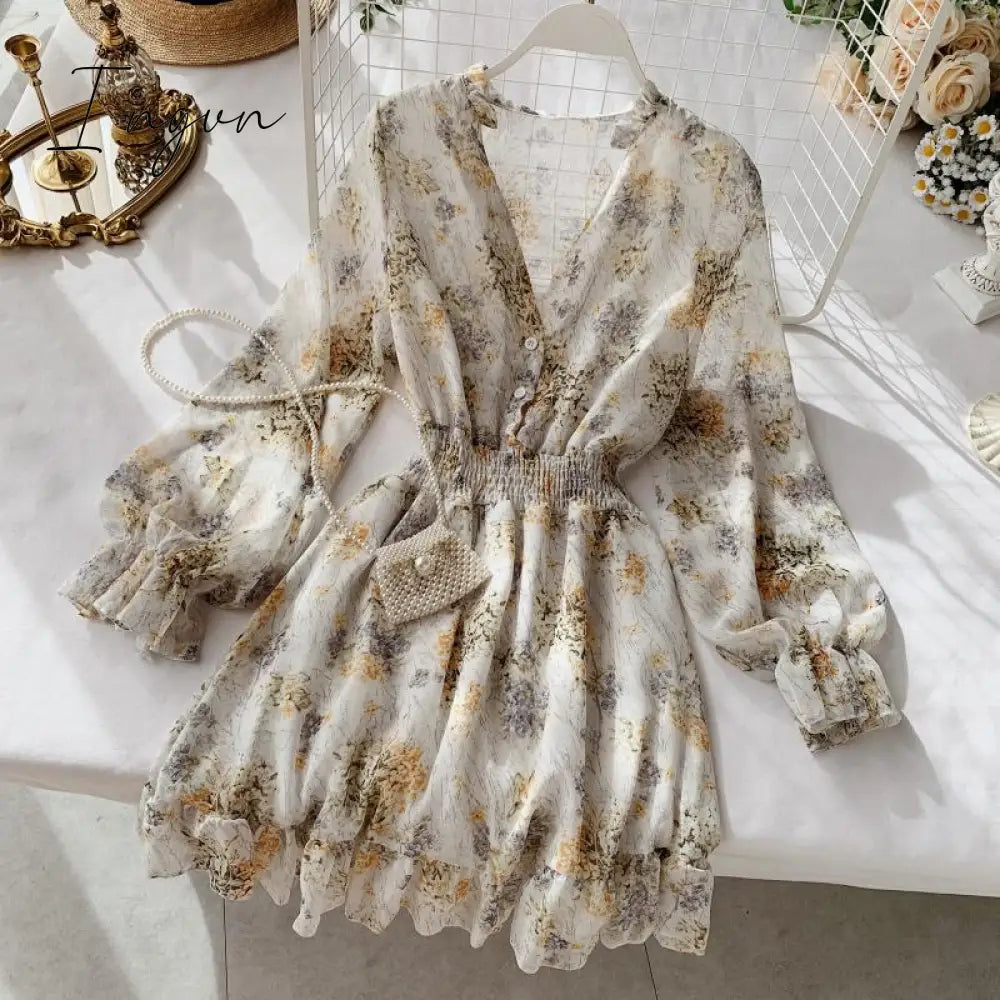 Ingvn - Mothers Day Gifts new fashion women's French dress female temperament V-neck long-sleeved chiffon floral dresses