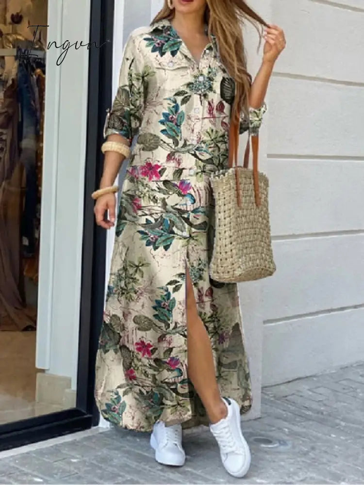 Ingvn - Long Sleeve Dress Checked Plaid Robe Maxi Beach Dress Summer Elegant Women Button Long Shirt Dress Split Print Lapel Party Robe