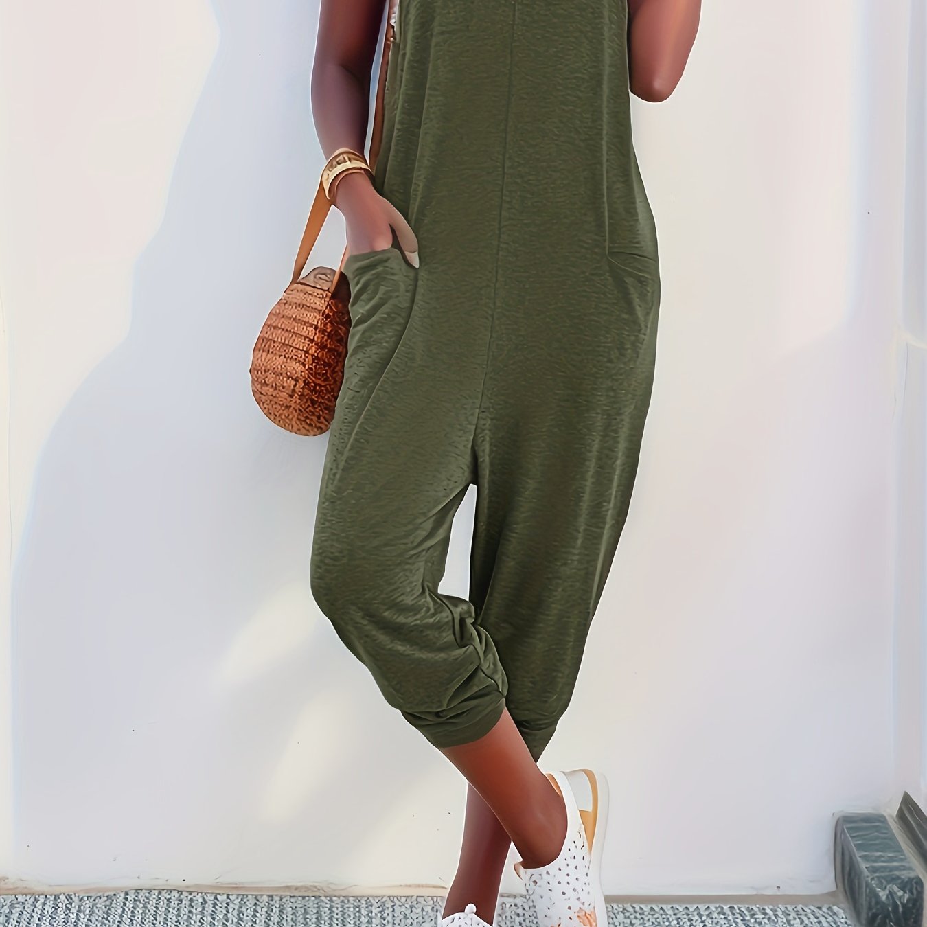 Solid Patched Pockets Overall Jumpsuit, Versatile V-neck Overall Jumpsuit For Spring & Summer, Women's Clothing