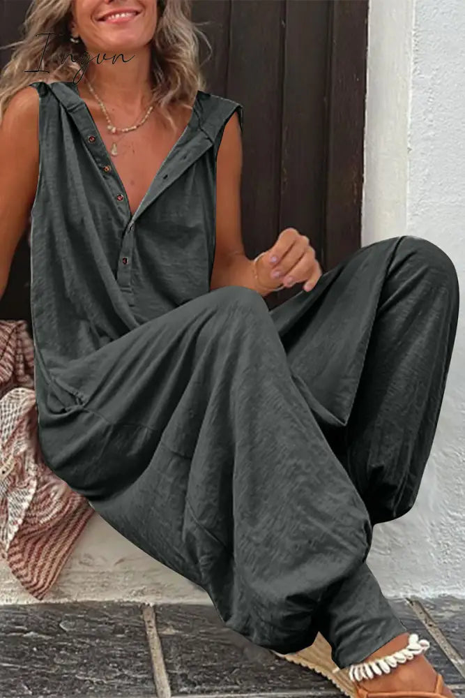 Ingvn - Casual Solid Buckle Hooded Collar Loose Jumpsuits(10 Colors)