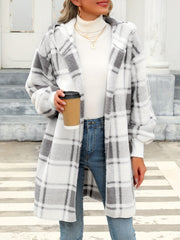 Stylish Long Sleeve Hooded Plush Lined Cardigan - Fleece Jackets with Color Block Plaid Print, Soft and Warm Women's Clothing for Winter