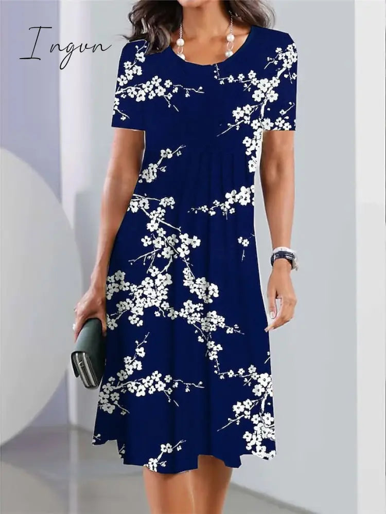 Ingvn - Women's Casual Dress Summer Dress Print Dress Floral Ombre Pocket Print Crew Neck Midi Dress Fashion Streetwear Outdoor Daily Short Sleeve Loose Fit White Light Green Navy Blue Summer Spring S M L XL