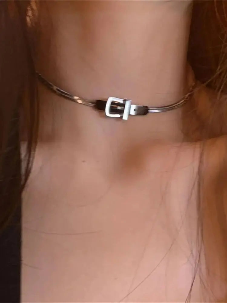 INGVN  Neo Gothic Alloy Choker Silver Color Belt Buckle Snake Chain Necklace For Women Fashion Jewelry Party Accessories