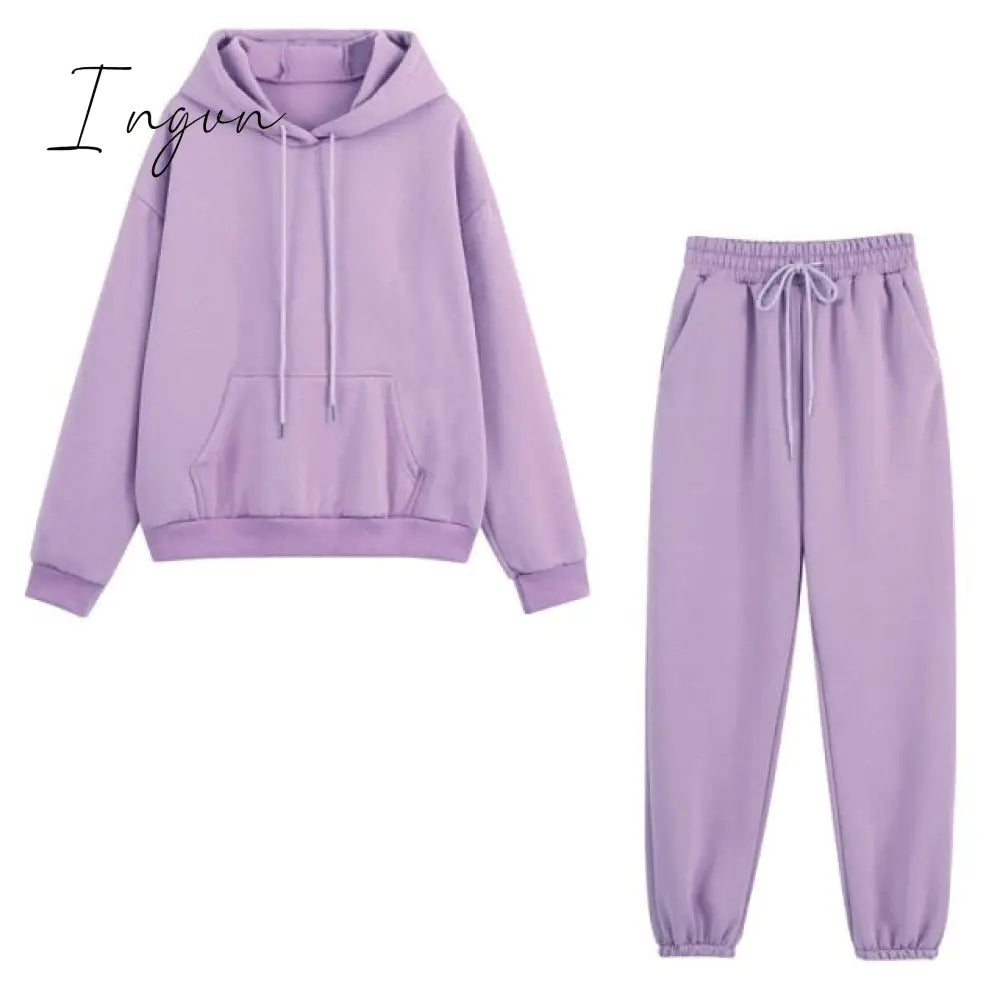 Ingvn - Fleece Tracksuits Women Two Pieces Set Hooded Oversized Sweatshirt Pants Solid Color Hoodie Suits Autumn Winter Casual Outfits