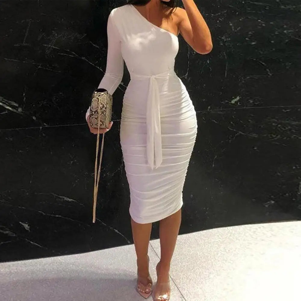 Ingvn - Women Clothing Asymmetric Collar High Waist Robe Slit Dress Chic Solid Short Sleeve Elegant Fashion Prom Banquet Dress New