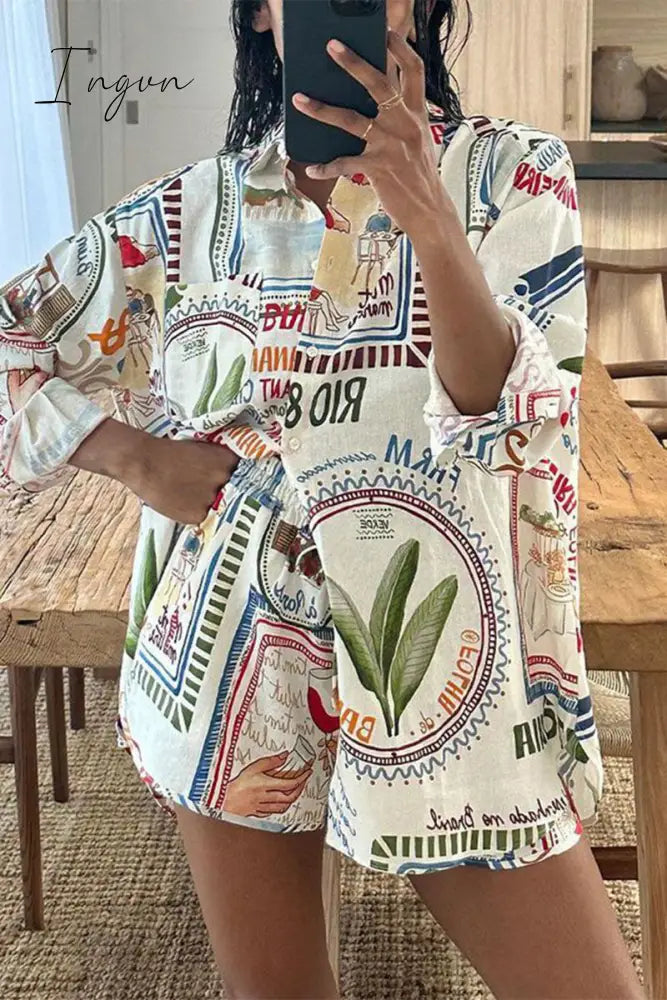 Ingvn - Casual Print Patchwork Turndown Collar Long Sleeve Two Pieces