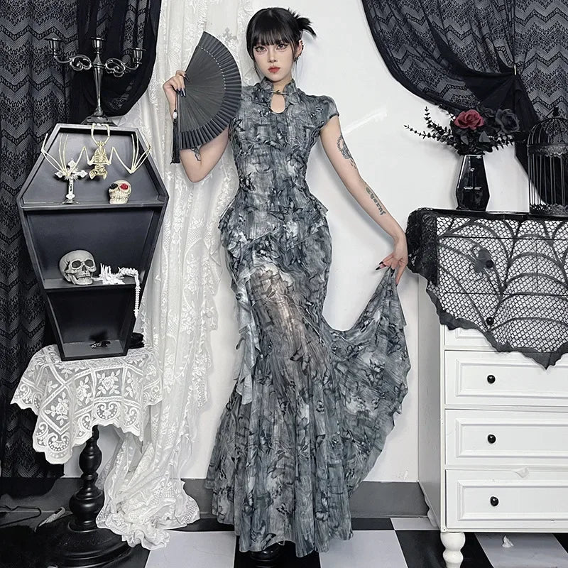 Vintage Chinese Style Skirt Women Aesthetic Fairy Grunge Elegant Butterfly Printed High Waist Skirt Y2k E-girl Clubwear