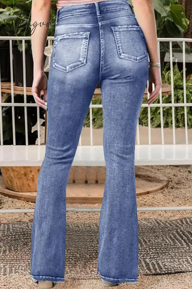 Ingvn- Casual Vintage Solid Make Old Mid Waist Regular Denim Jeans