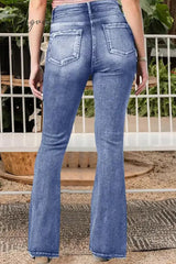Ingvn- Casual Vintage Solid Make Old Mid Waist Regular Denim Jeans