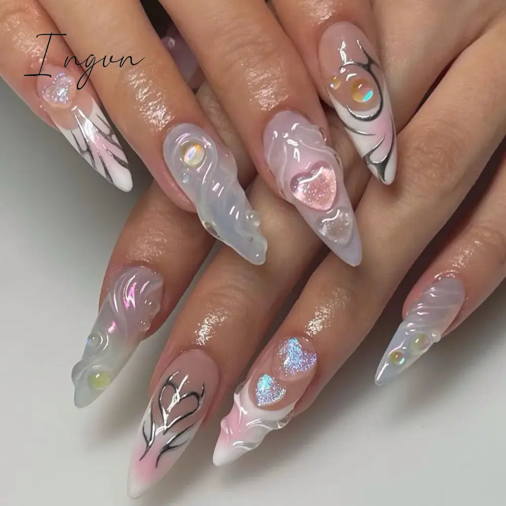 24pcs 3D Flower Fake Nail Patch French Almond Summer Sea Shell Decor False Nail Full Cover Wearable Press on Nails Tips for Girl