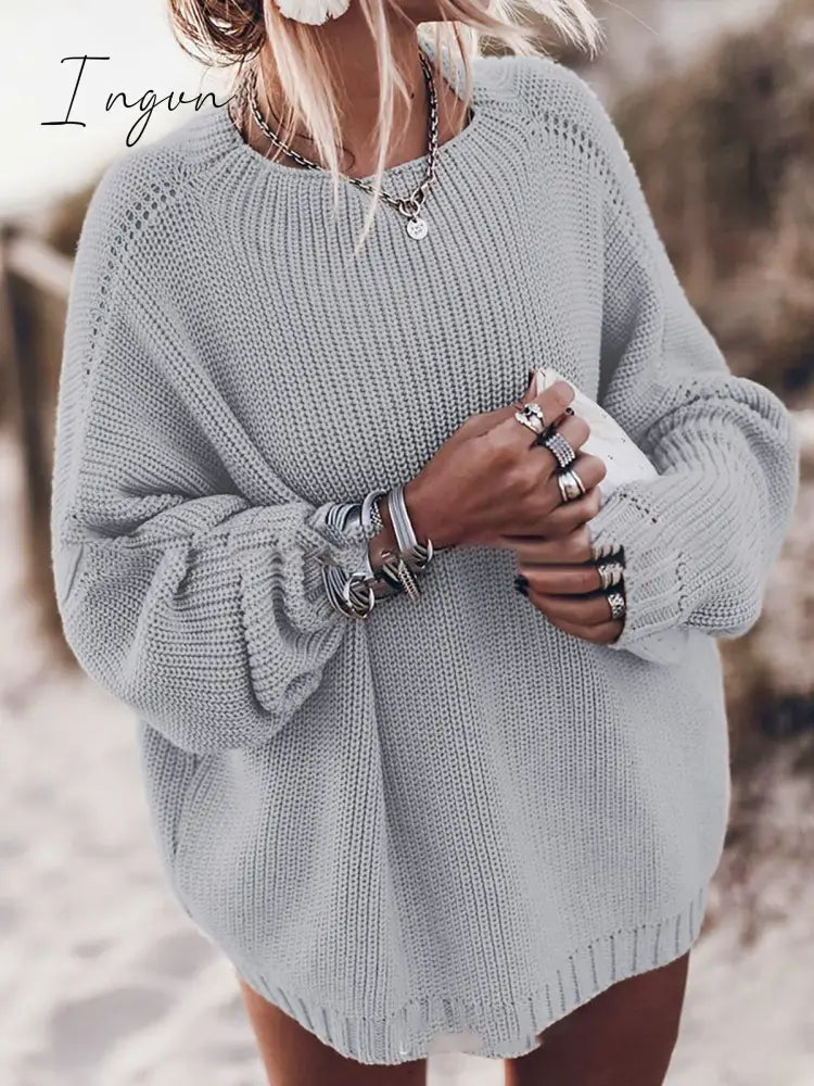 Ingvn - plus size oversized sweater fall sweater for women Solid pink blue khaki purple pullover Long sleeve loose knitted sweater