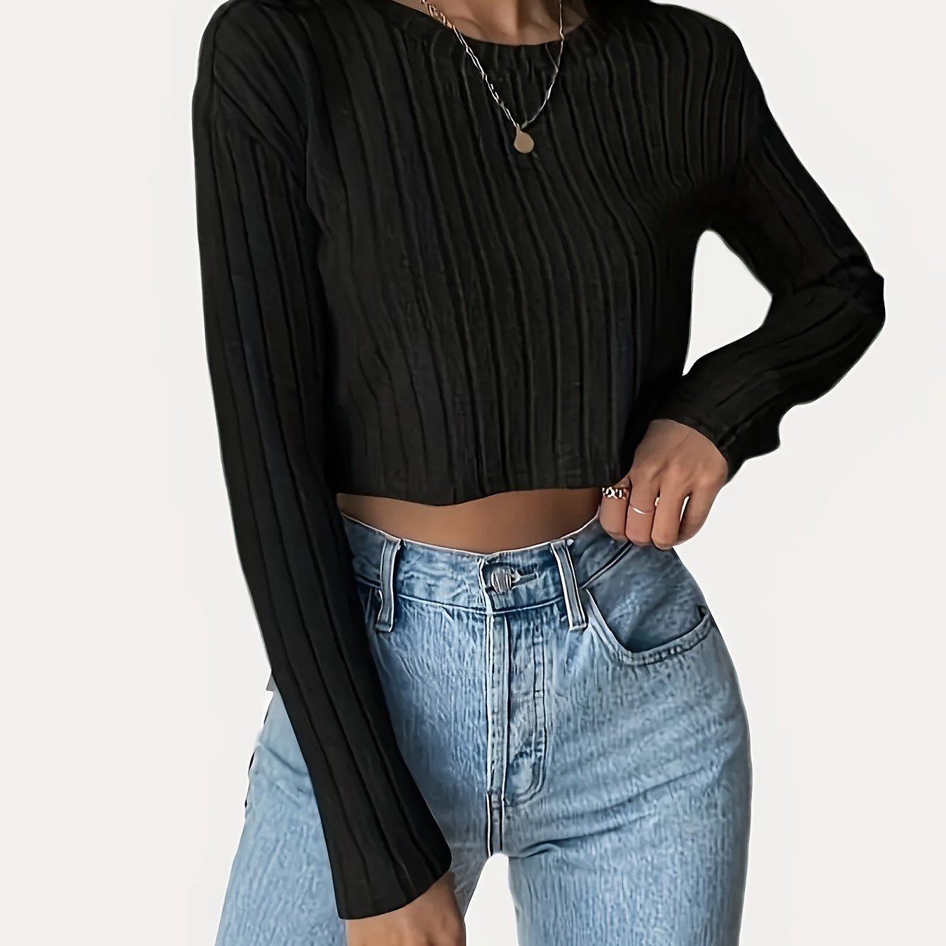 Classic Elegant Long Sleeve T-Shirt - Timeless Solid Crew Neck Design, Ribbed Cuffs, Versatile Wear for Spring and Fall - Womens Everyday Clothing