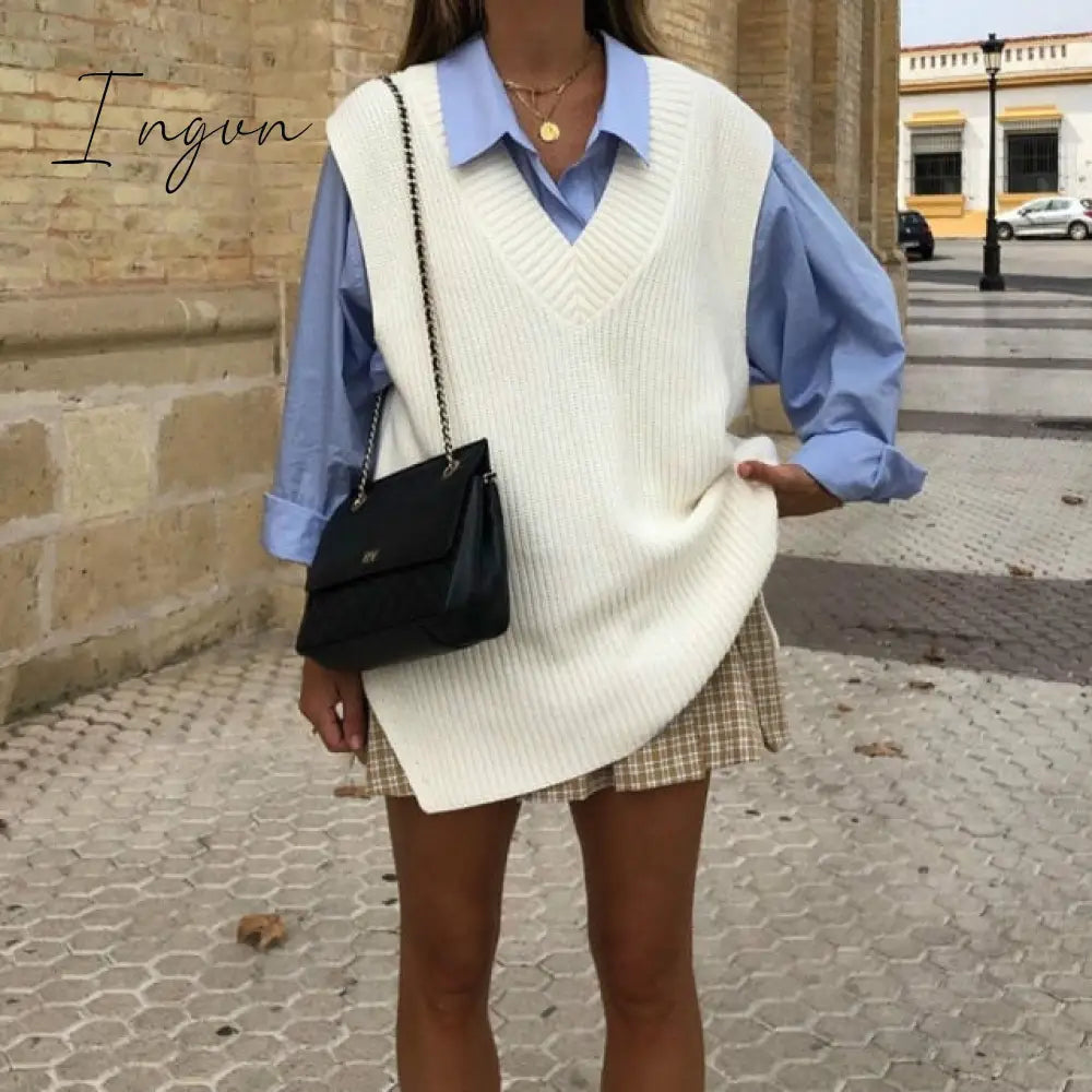 Ingvn - Fashion Women Knitted Vest Pullovers V Neck Sleeveless Houndstooth Knitted Jumper Pullovers Korean Loose Plaid Sweater Vest