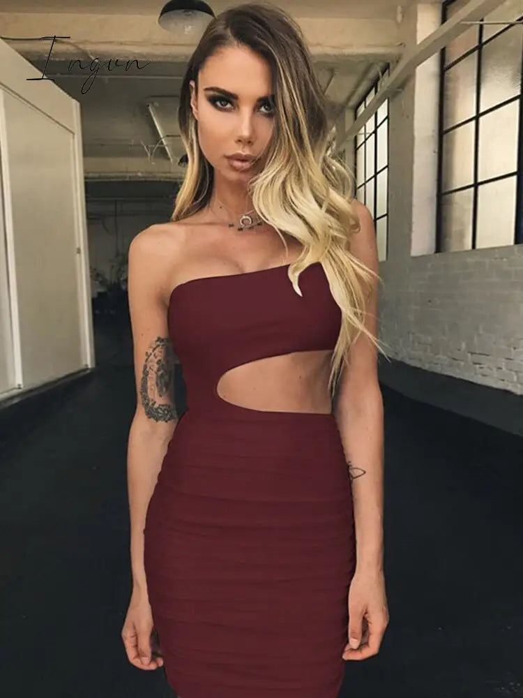 Ingvn - Dress Women Fashion Mini Solid Casual Sleeveless Hollow Out Sexy One-Shoulder Sheath Dress Women Dresses Vestidos