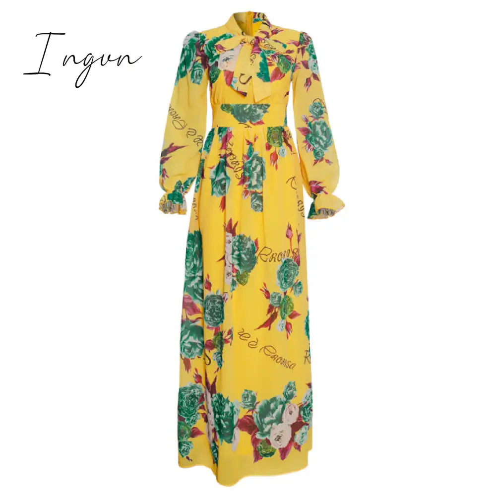Ingvn - African Chiffon Dresses For Women New Fashion Dashiki Print Ankara Maxi Dress Long Sleeve Elegant Gowns Wedding Party