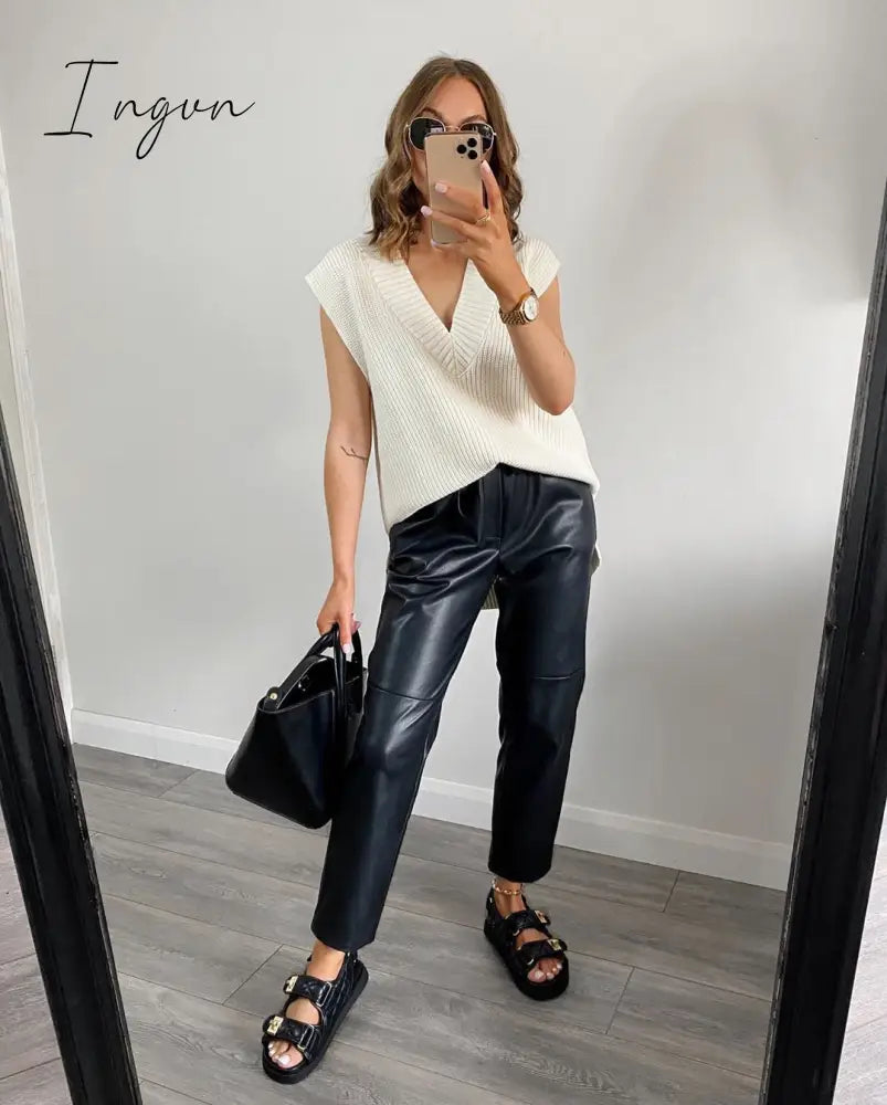 Ingvn - Women V Neck Sweater Vest Korean Preppy Style Solid Knitted Sleeveless Sweater Female Autumn Winter Casual Loose Pullover Jumper