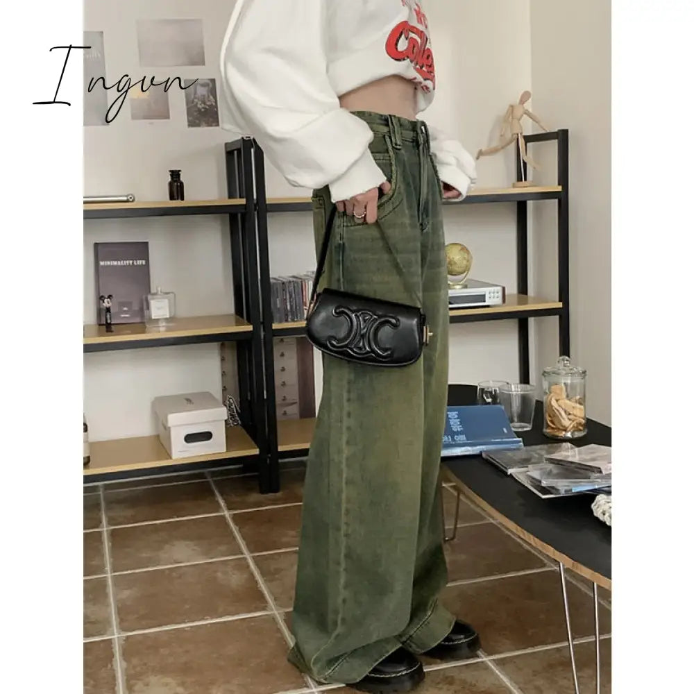 Ingvn - Winter Vintage Dark Blue High Waist Women Jeans American Fashion Streetwear Wide Leg Denim Trouser Straight Baggy Denim Pants