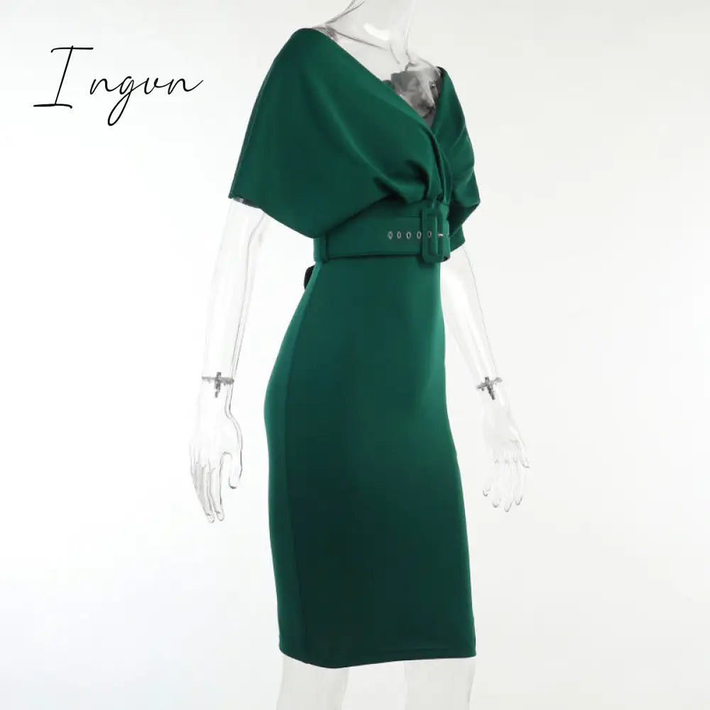 Ingvn - Women Sexy Elegant Off The Shoulder Dresses Autumn Summer Vintage Streetwear Club Party Female V-Neck Dress With A Belt
