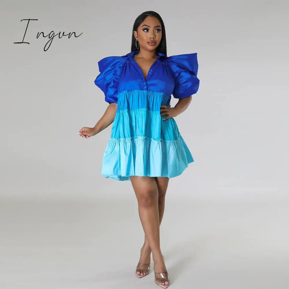 Ingvn - Women Causal Oversized Short Dress ruched Puff Sleeve Button Down Color Block Loose Shirt Dress Mini Summer Clothes 2023 New
