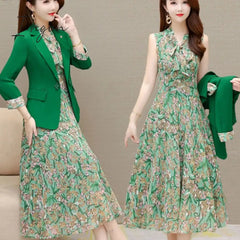 Ingvn - Spring Autumn New Suit Jacket Dress Two-piece Women's Elegant Blazers Floral Long Skirt Set Female Office Professional Wear