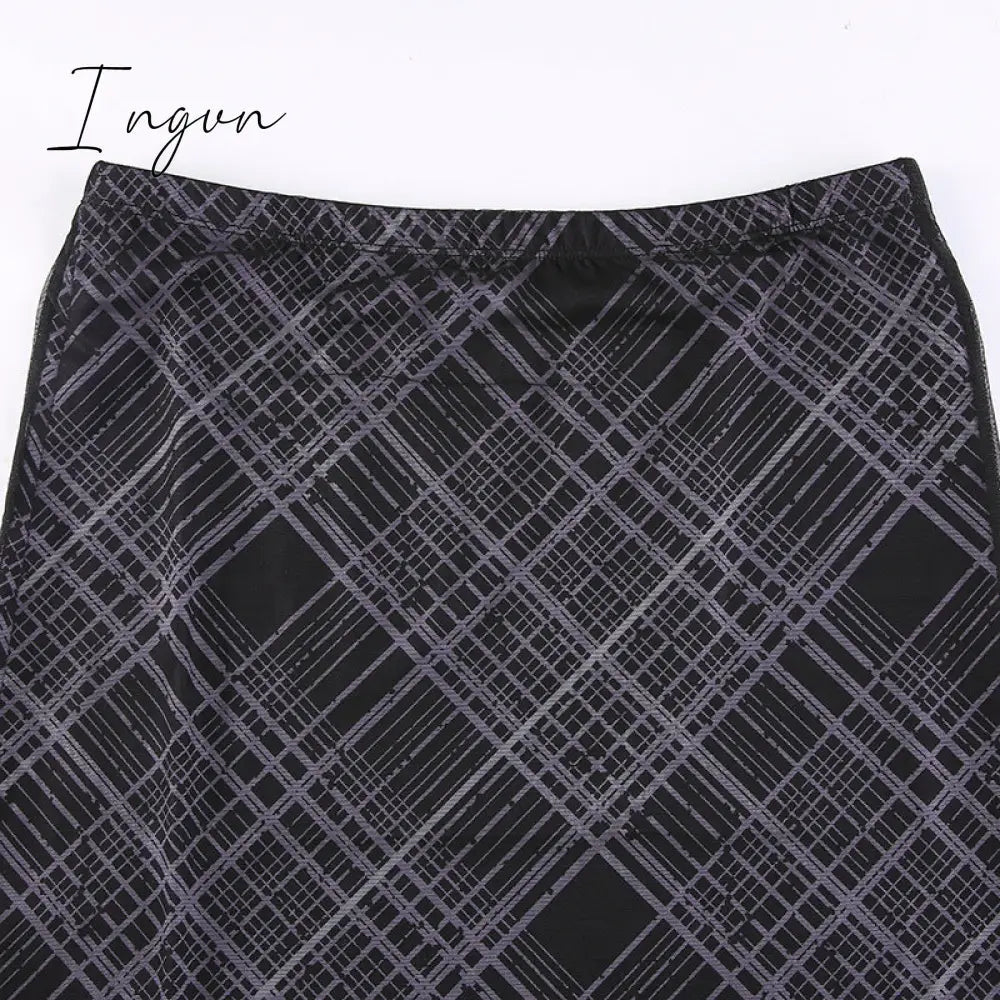Ingvn - Autumn Fairy Grunge Long Tulle Skirts Women Kawaii Plaid Black Skirt Harajuku Low waisted Skirt Korean Fashion