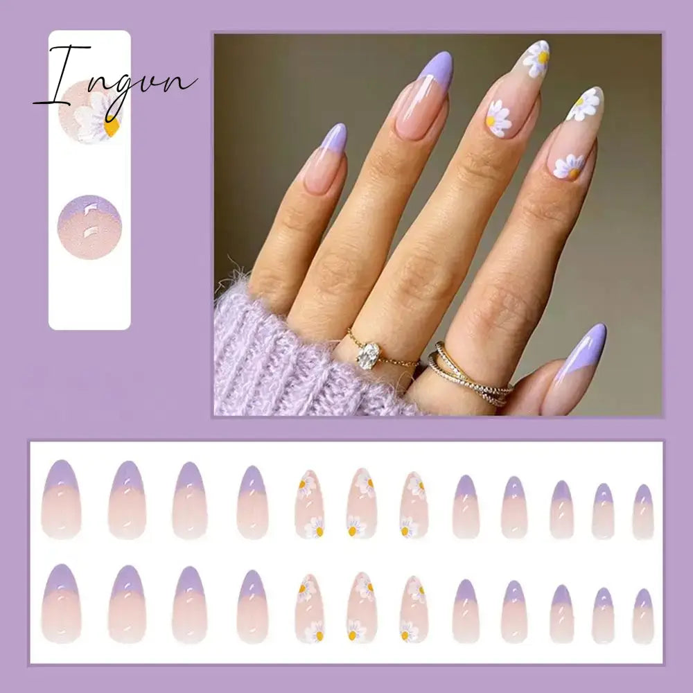Simple French Wearable False Nails Almond Colorful Stripes Colorblock Design Manicure Fake Nails Line Full Cover Press On Nail