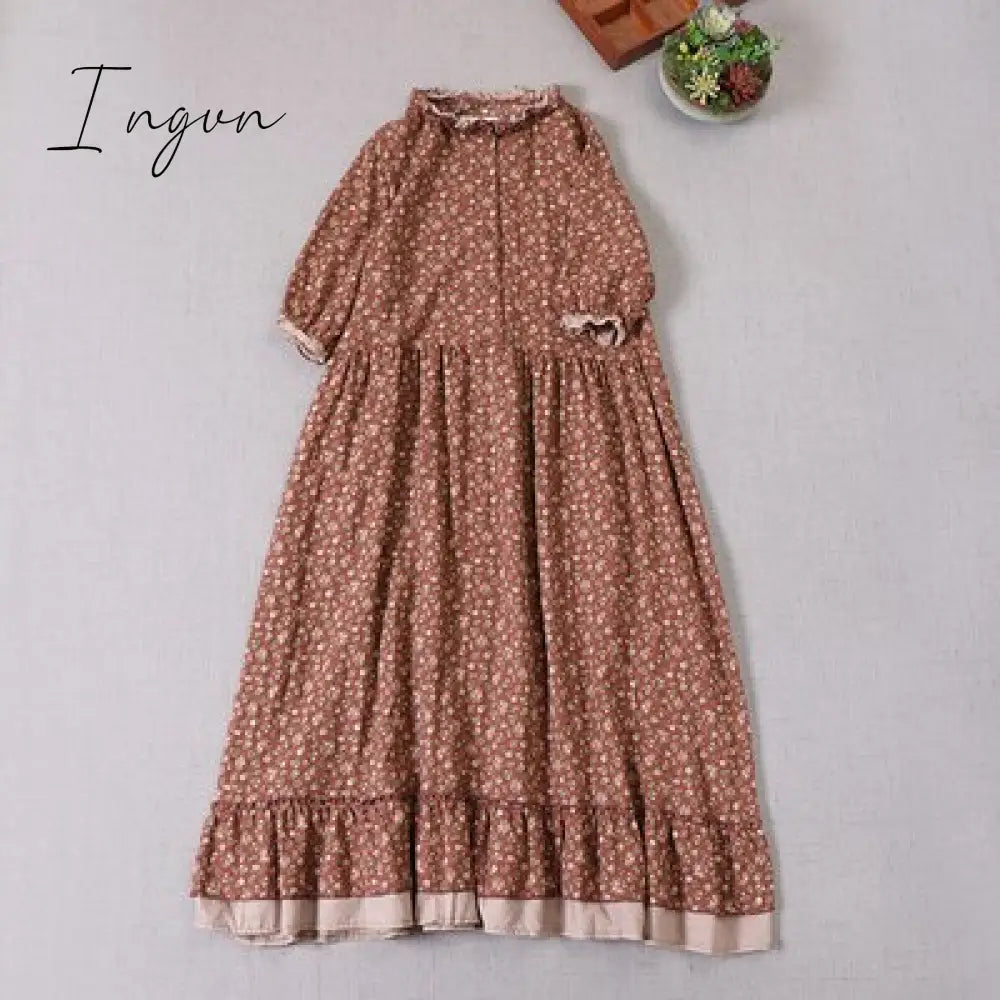 Ingvn - Japanese Mori girl art print dress autumn new floral  dress loose long-sleeved  dress