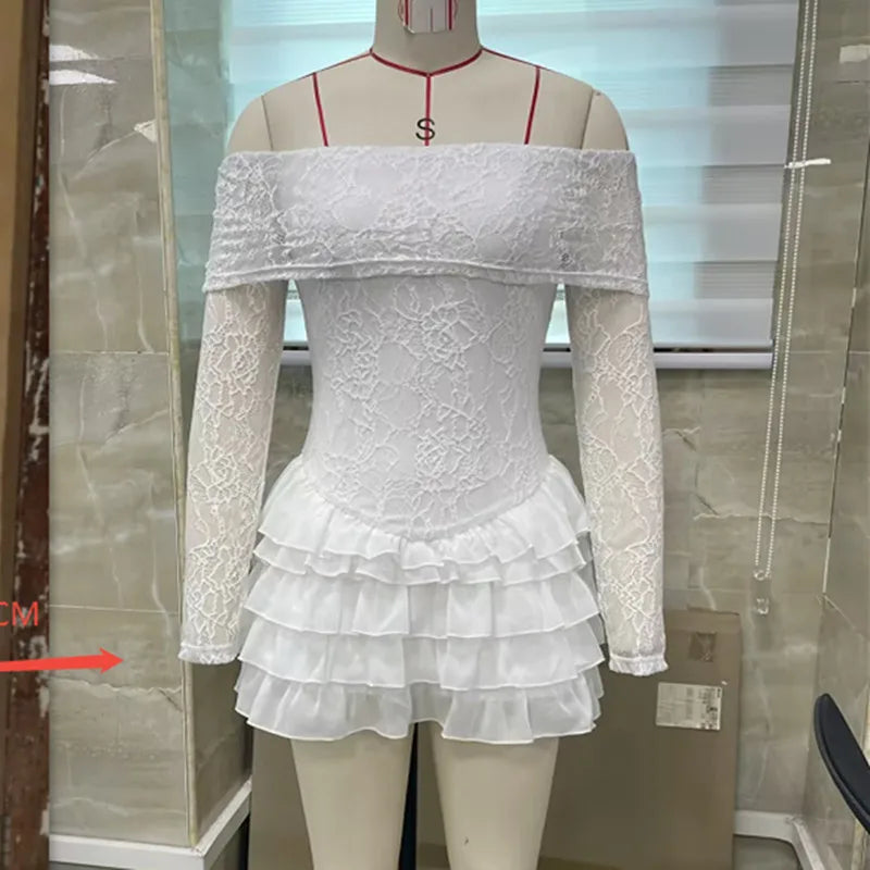Long Sleeve Lace Mini Dress for Women Sexy Low Cut Going Out Dress Y2k Off Shoulder Hollow Floral Hip-Wrapped Dress