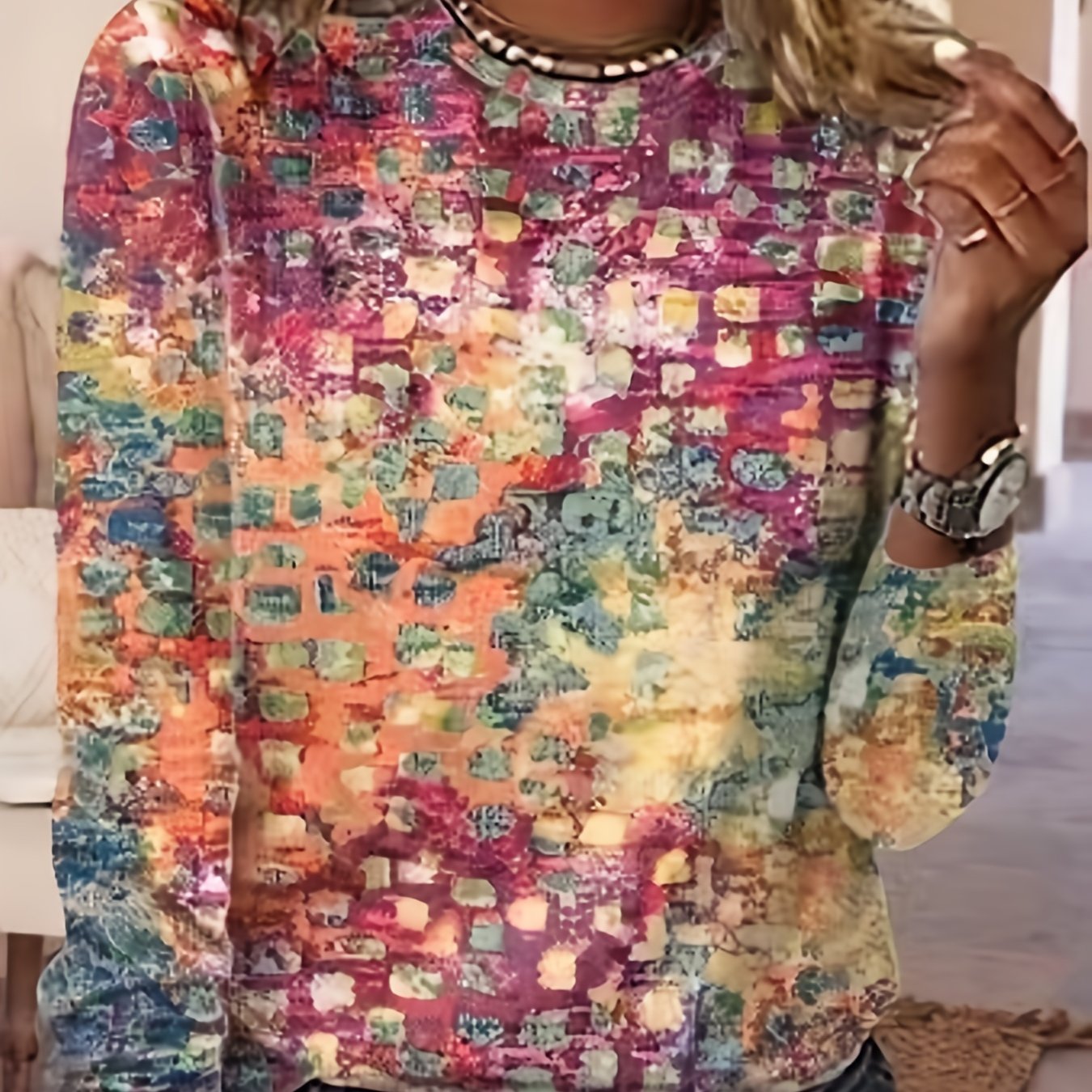 Graphic Print T-shirt, Vintage Crew Neck Long Sleeve T-shirt, Women's Clothing