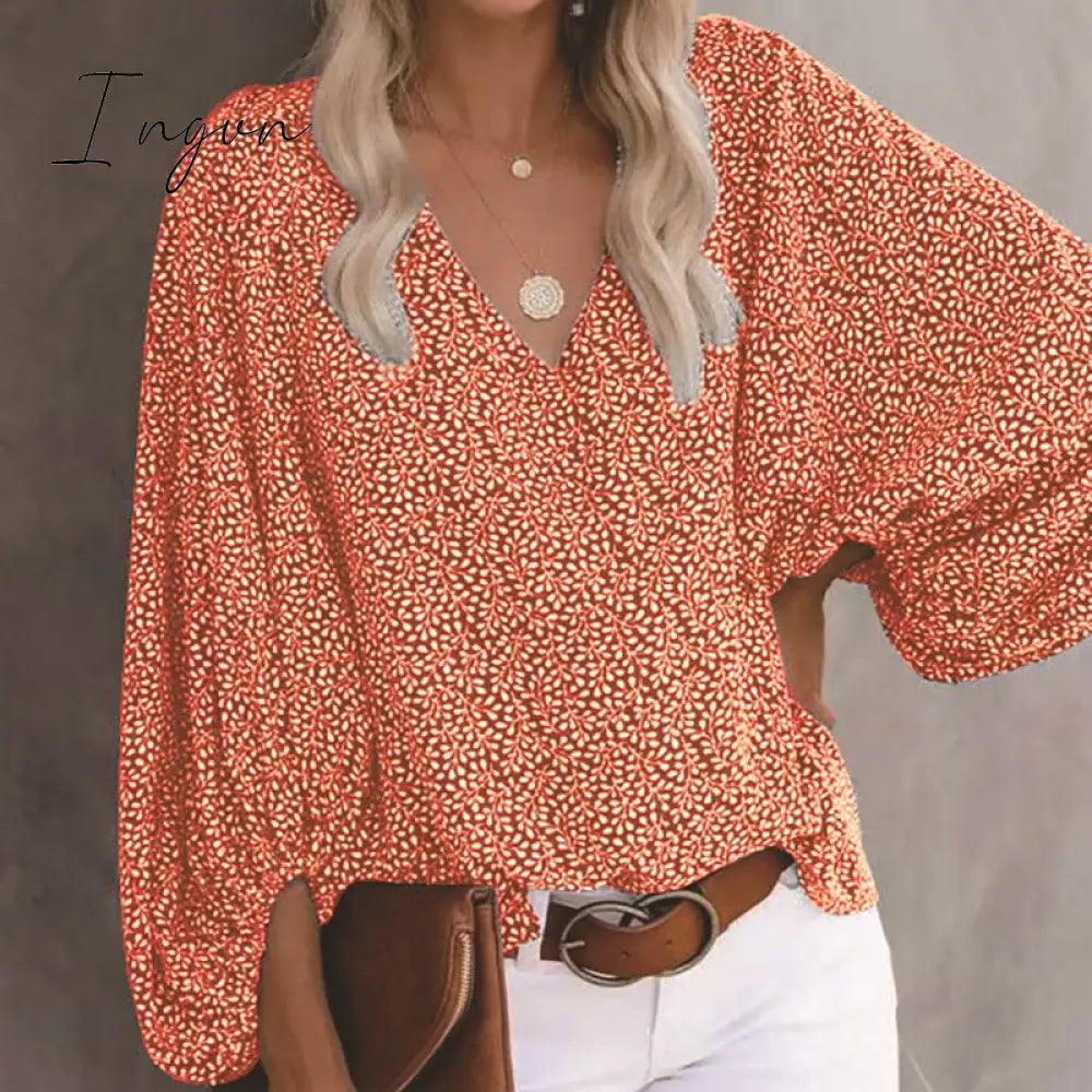 Ingvn - Summer Outfits Female Streetwear Oversized XXXL Tops Blusa Summer V Neck Long Lantern Sleeve Blouse Casual Women Printing Loose Elegant Shirts