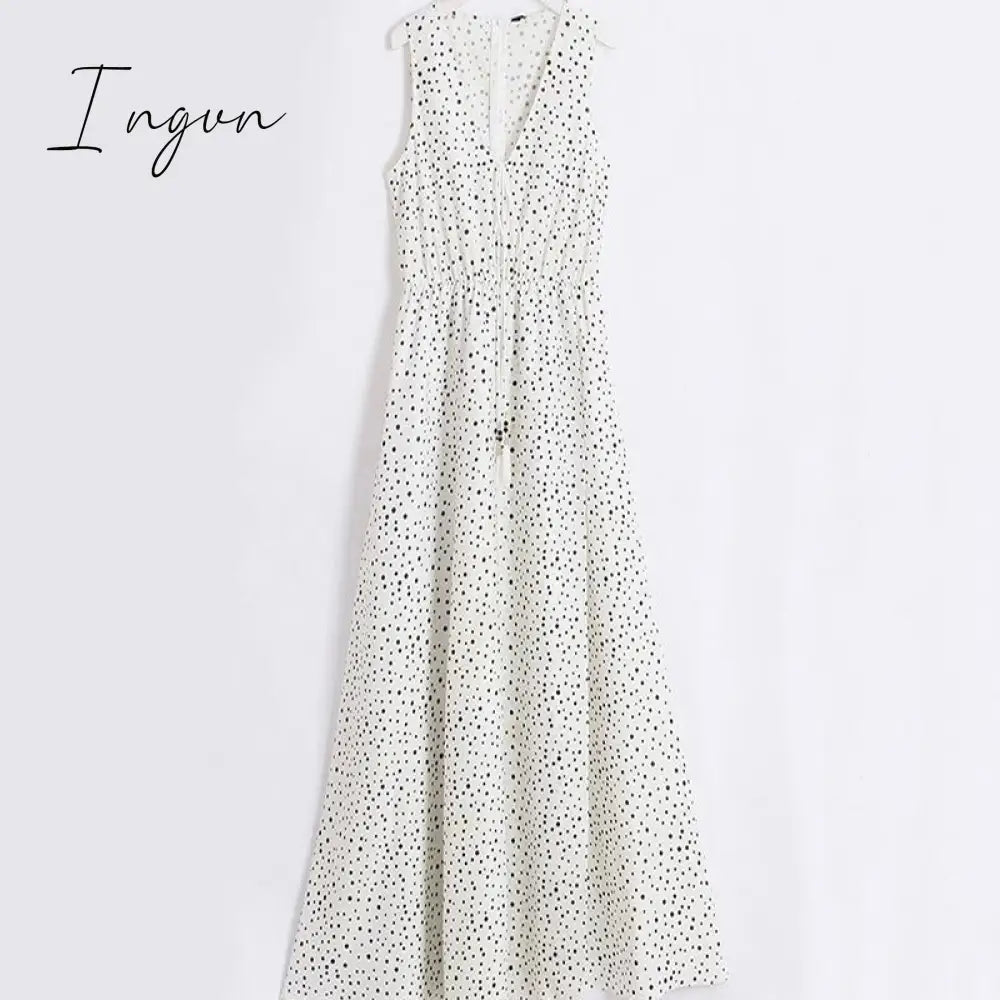 Ingvn -  V Neck Dot Printed Floor Length Dress(3 Colors)