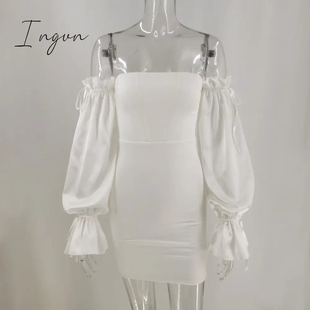 Ingvn - White Off Shoulder Sexy Woman Dress Long Puff Sleeve Mini Night Party Dresses Summer Backless Bodycon Dress Vestidos