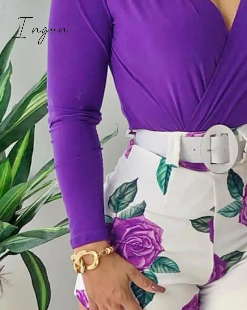 Ingvn - Spring Women Flower Printing Long Sleeve Pant Sets  2 Piece Set