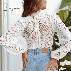 Ingvn - Sexy Long Sleeve Lace Blouse Women Tops Casual White Crochet Hollow Out Cropped Women's Shirt Turtleneck Female Blusas 16296