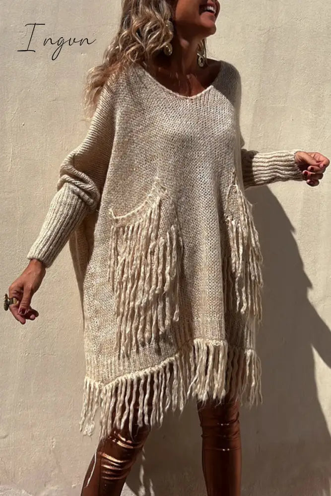 Ingvn - Casual Solid Tassel Pocket Weave O Neck Tops