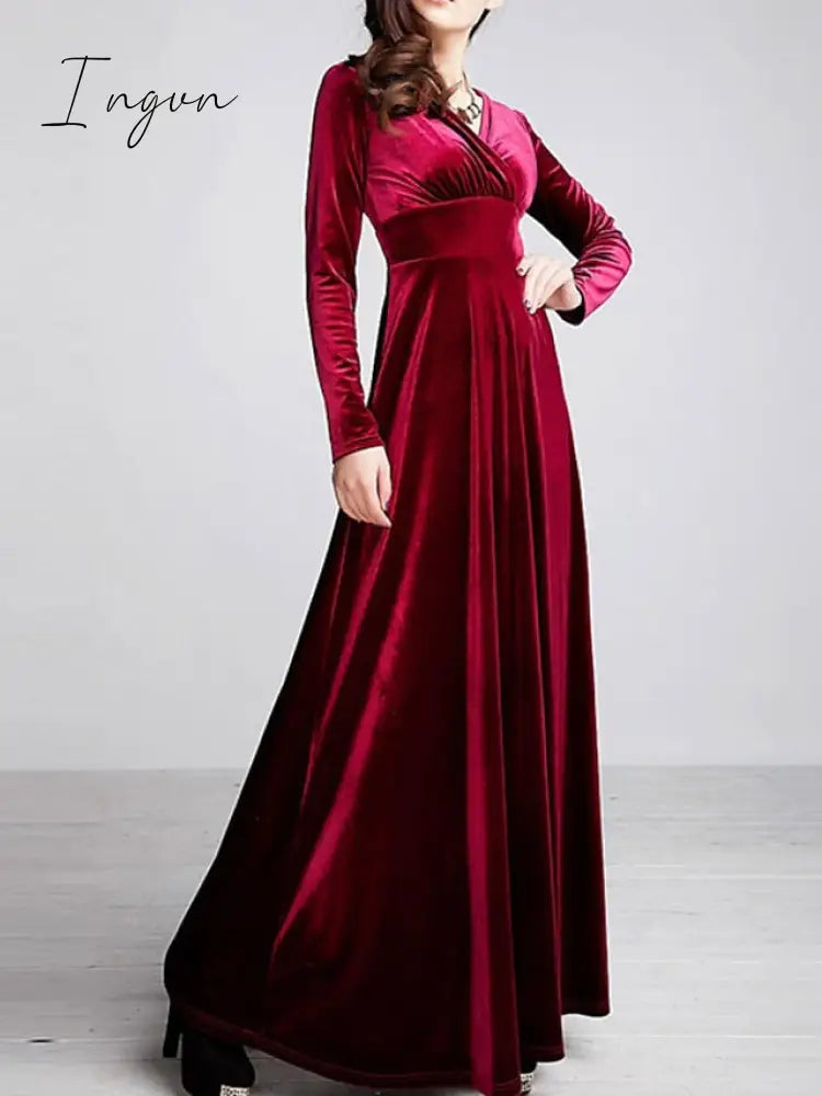 Ingvn - Women‘s Party Dress Wedding Guest Dress Velvet Dress Long Dress Maxi Dress Black Wine Royal Blue Long Sleeve Pure Color Ruched Fall Spring V Neck Fashion Party Winter Dress Evening Party 2023 S M L XL